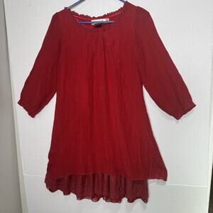 Urban Mangoz SZ M Gauze Layered Embroidered Lace Hem Red Lined Midi Dress Boho